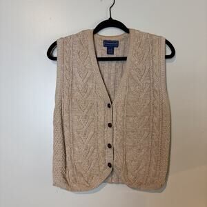 Vtg Sweater Vest Womens Sz M British Hong Kong Leather Covered Buttons V Neck